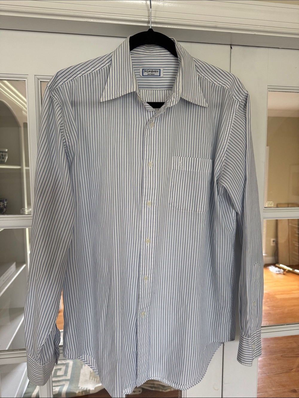 Yves Saint Laurent - Long Sleeve White Shirt with Blue Pinstripes